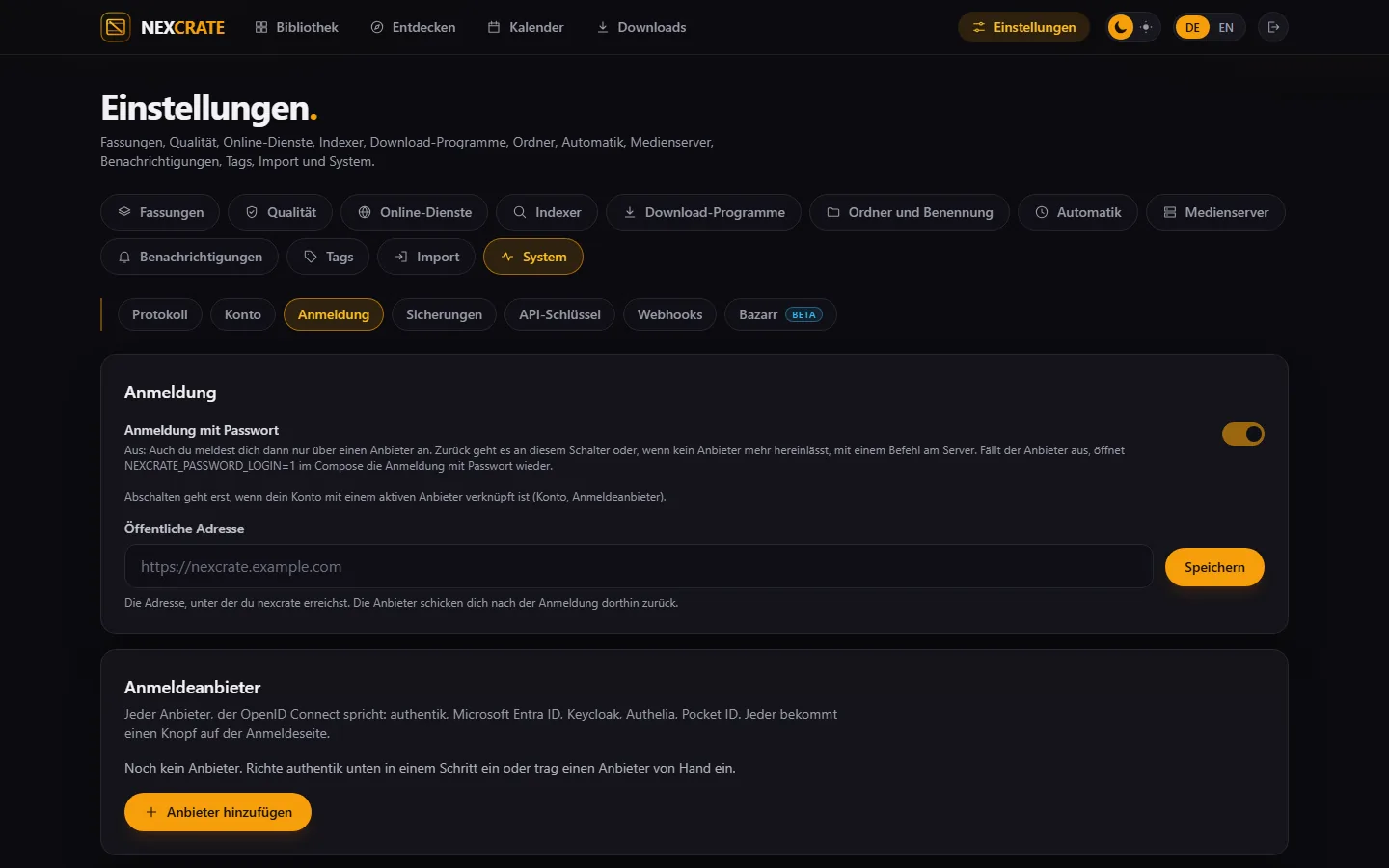 Einstellungen › System › Anmeldung mit Anmeldeanbietern und der Karte „authentik in einem Schritt“