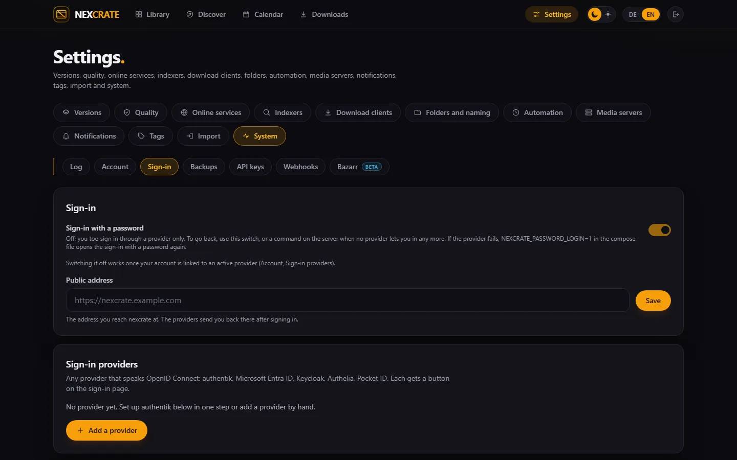 Settings › System › Sign-in with the sign-in providers and the card “authentik in one step”