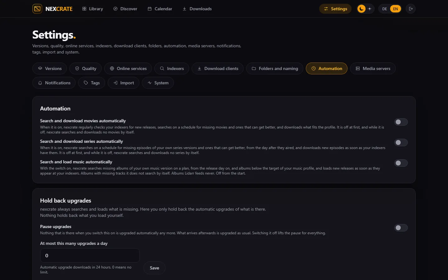 Settings › Automation with the three switches, “Per indexer” and “Hold back upgrades”