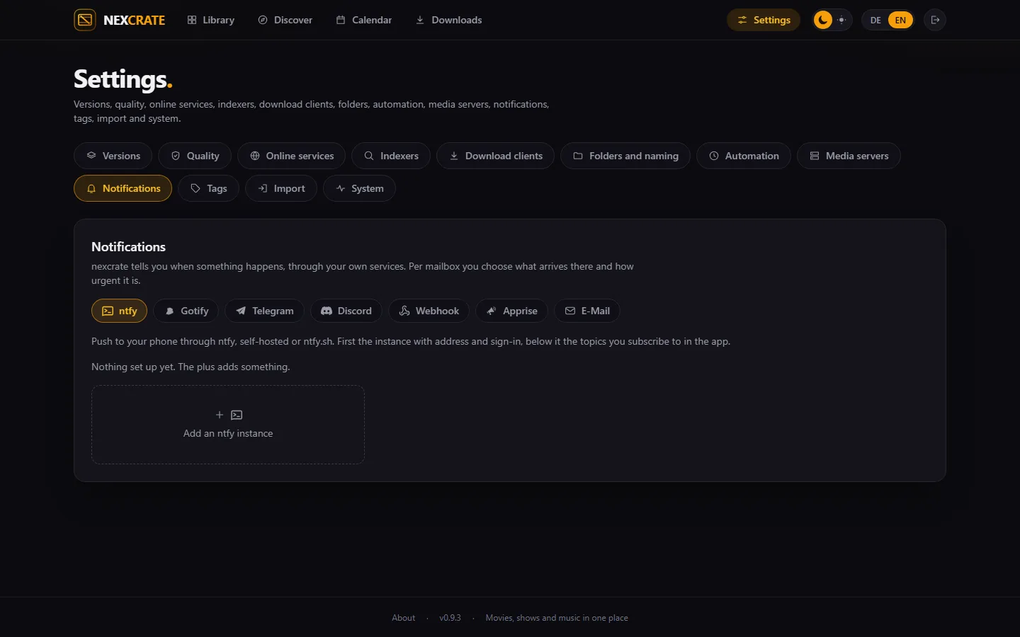 Settings › Notifications with tiles for ntfy and Telegram and the events of one mailbox
