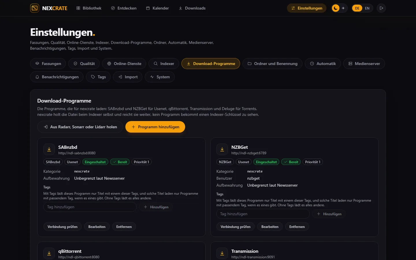 Die Download-Programme als Karten, bei SABnzbd und NZBGet mit der Aufbewahrung, die nexcrate von den Newsservern gelesen hat