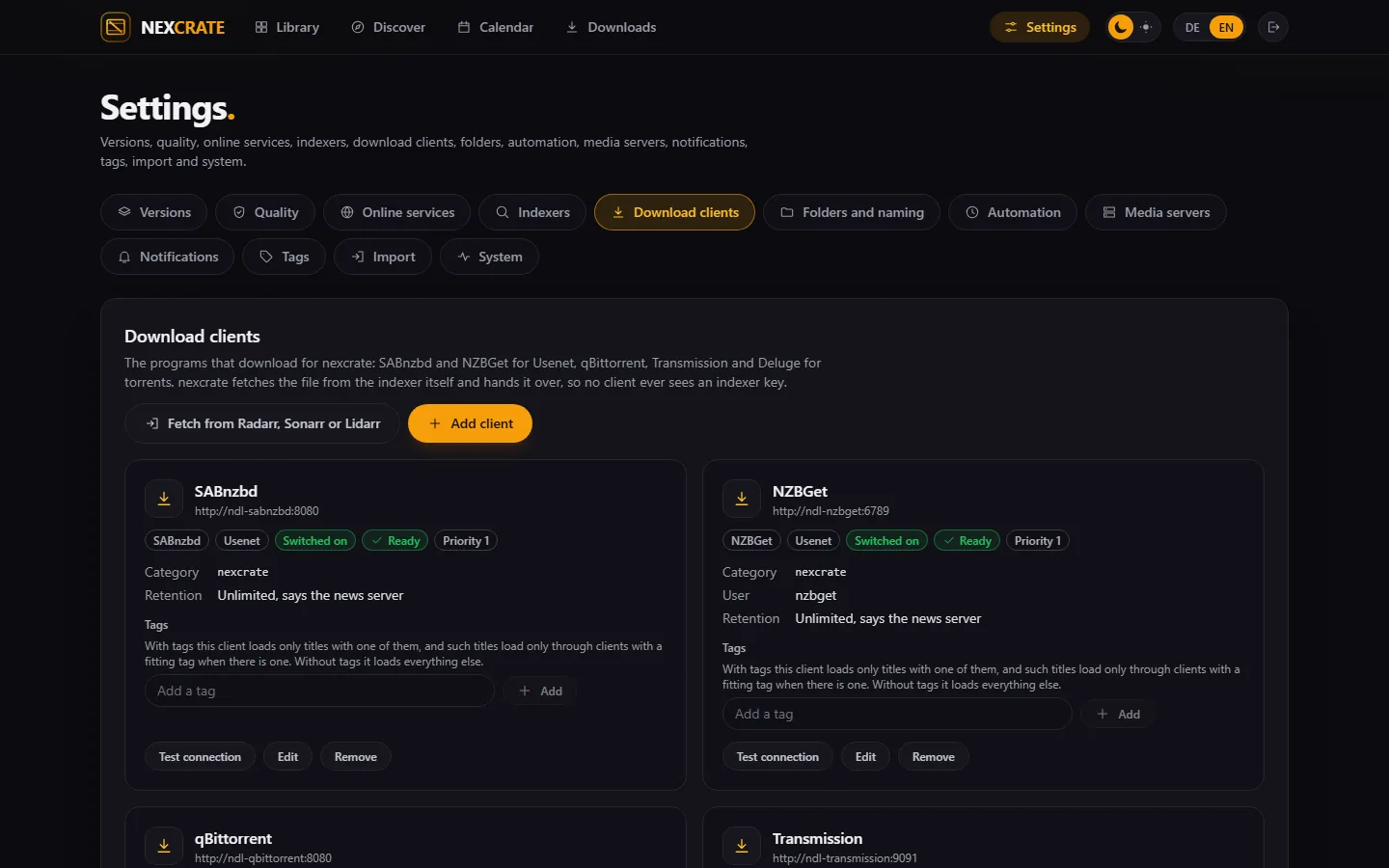 The download clients as cards, with the retention nexcrate read from the news servers on SABnzbd and NZBGet