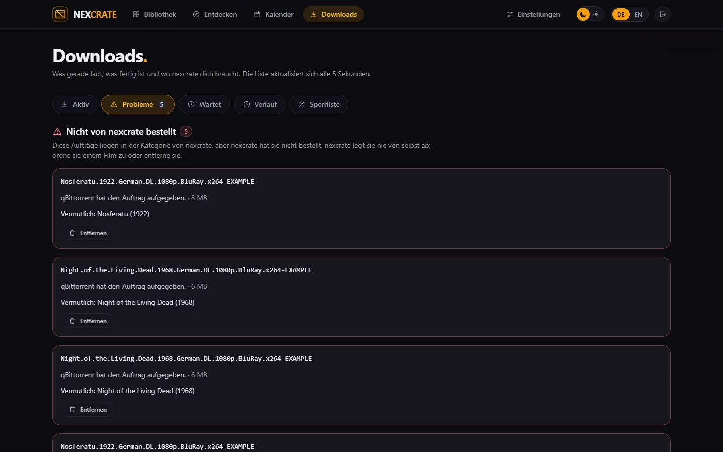 Downloads, Reiter „Aktiv“ mit der Warteschlange, Fortschritt und Restzeit
