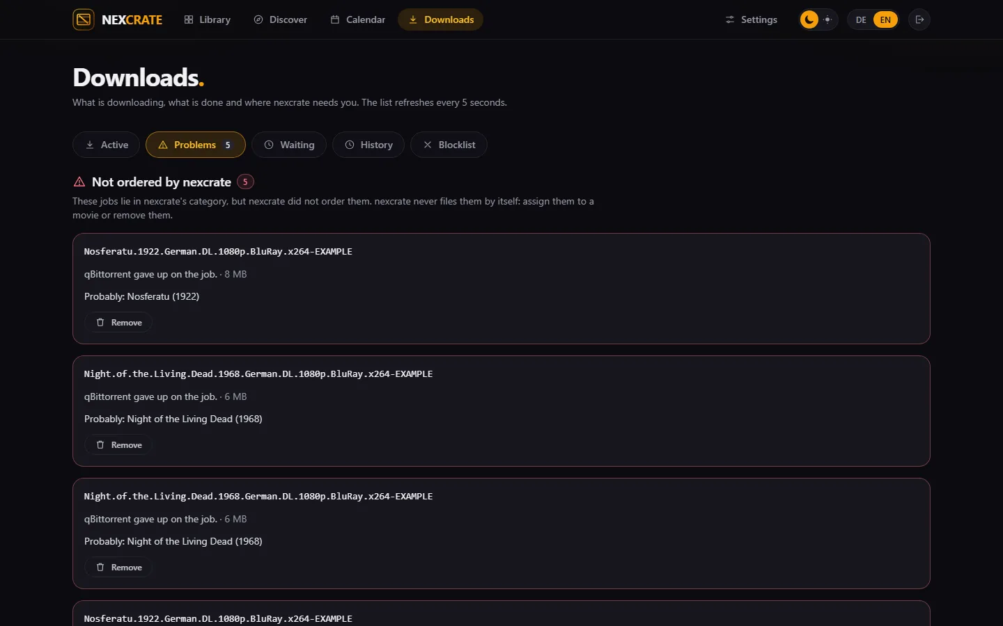 Downloads, tab “Active” with the queue, progress and time left