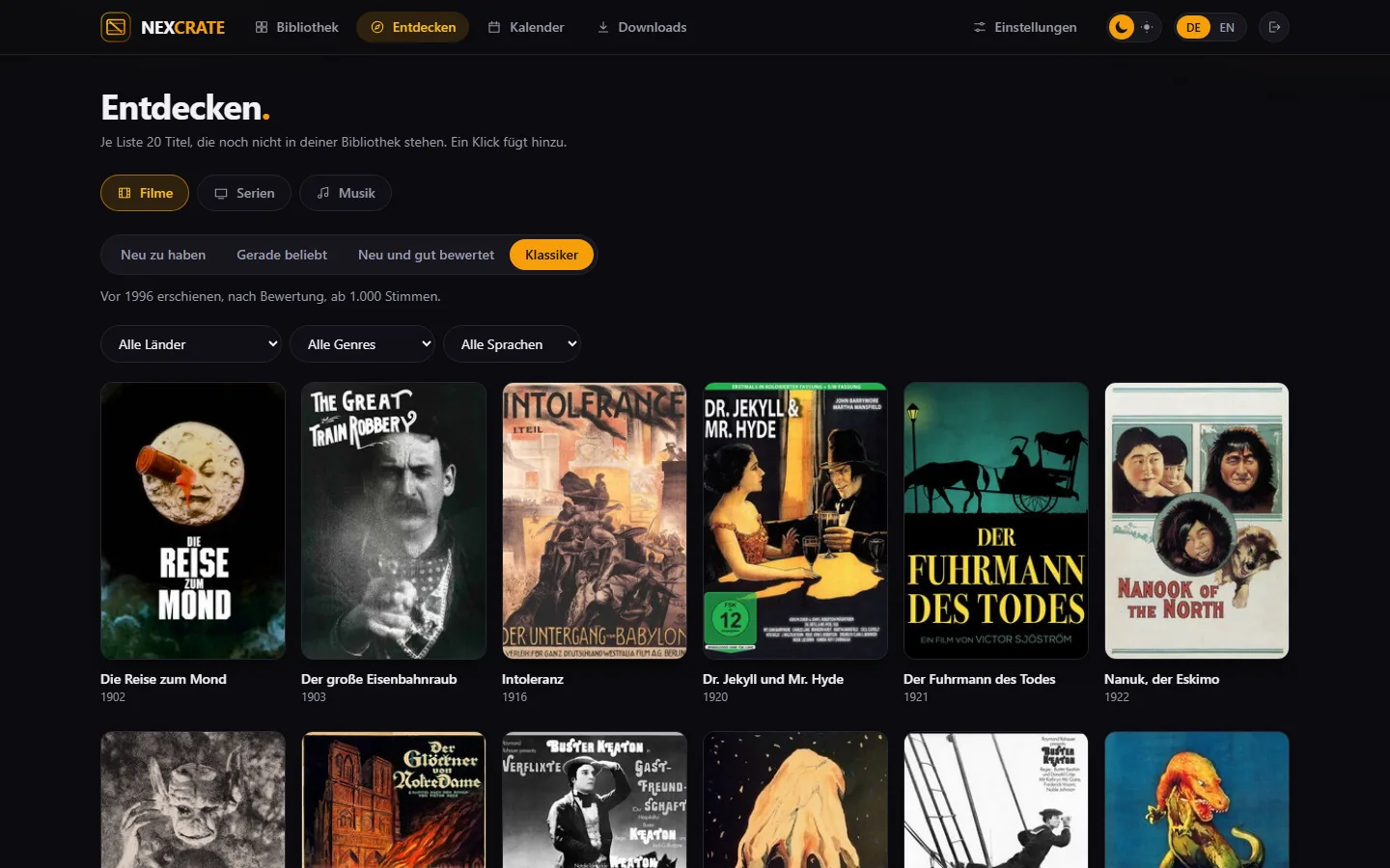 Entdecken mit der Liste „Klassiker“, Filmplakaten mit Jahr und Bewertung und den Filtern darüber