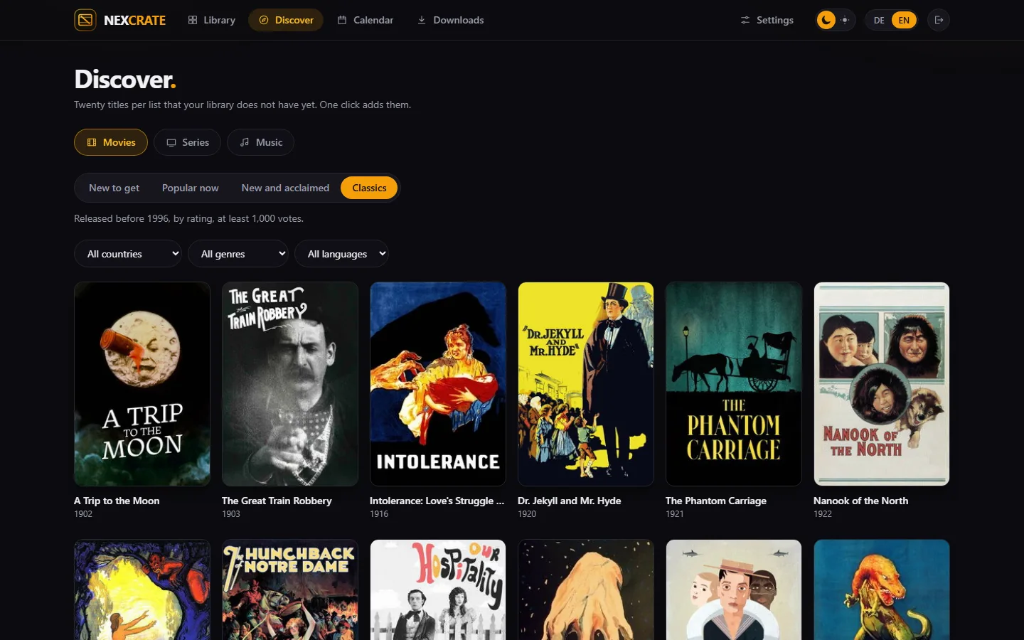 Discover with the list “Classics”, movie posters with year and rating and the filters above