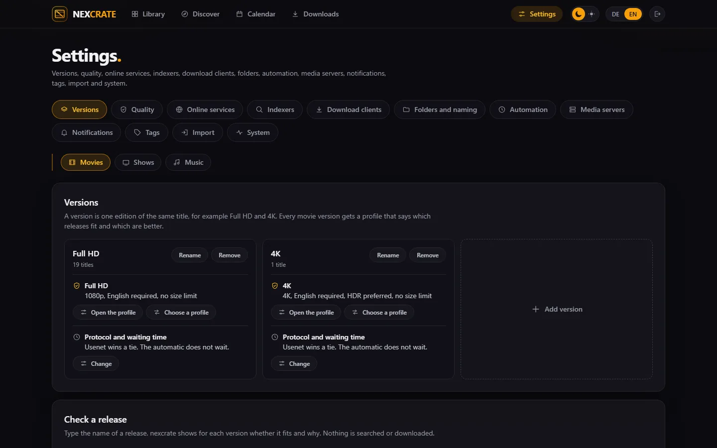 Settings › Versions with two versions for movies, each with its profile and its protocol and waiting time