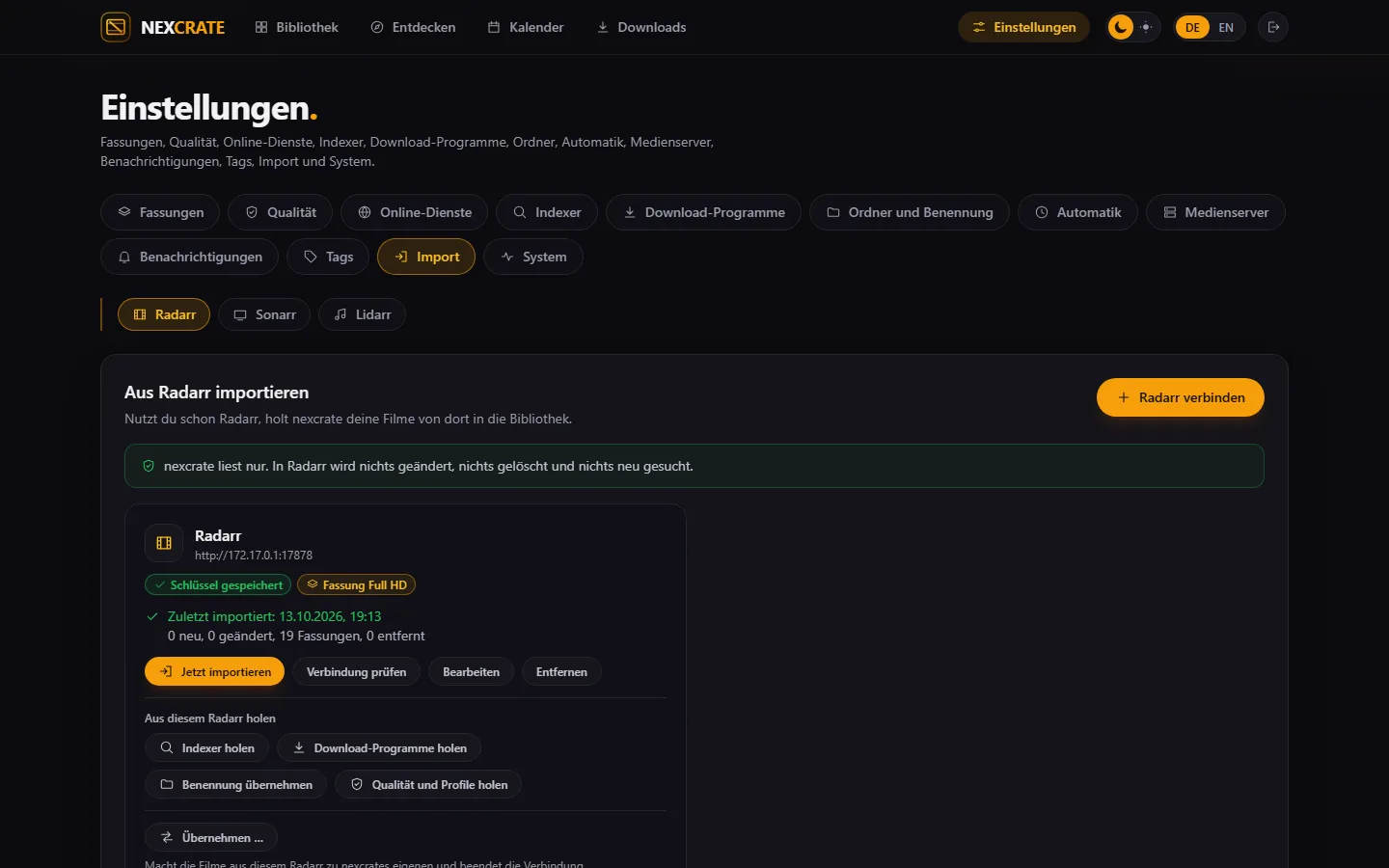 Einstellungen › Import mit der Vorschau der eingelesenen Profile, Custom Formats und Größen