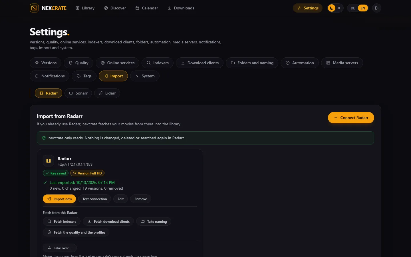 Settings › Import with the preview of the profiles, custom formats and sizes read in