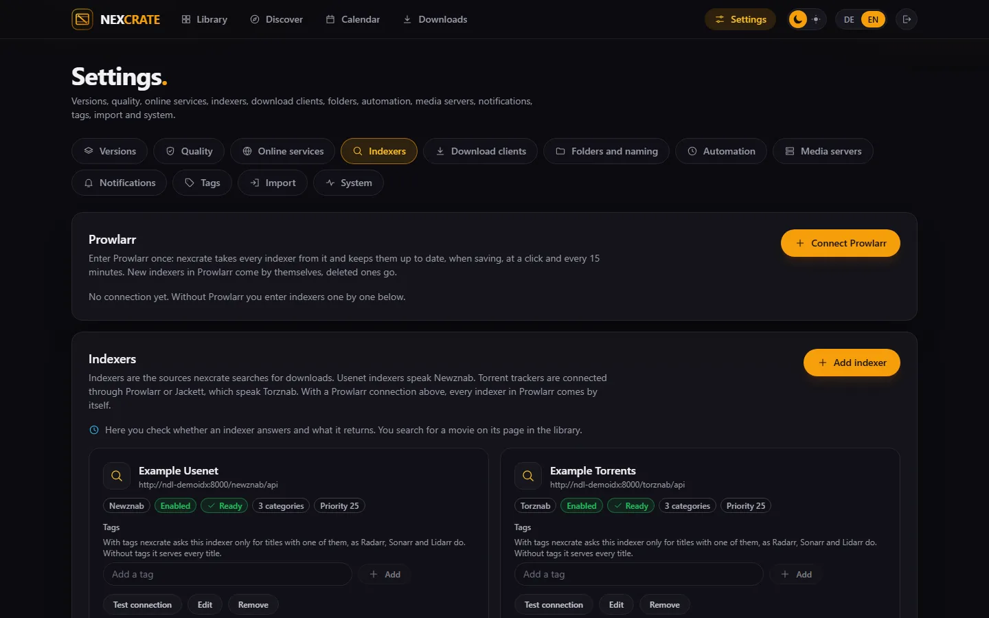 Settings › Indexers with the Prowlarr connection at the top, its sync, and below it the indexers with categories and seed goal