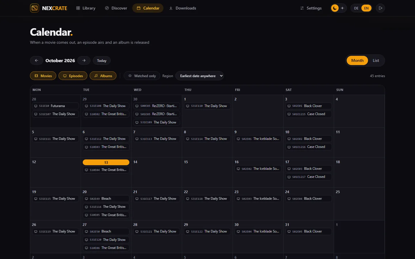 calendar in the month view with movies, episodes and albums and their occasion