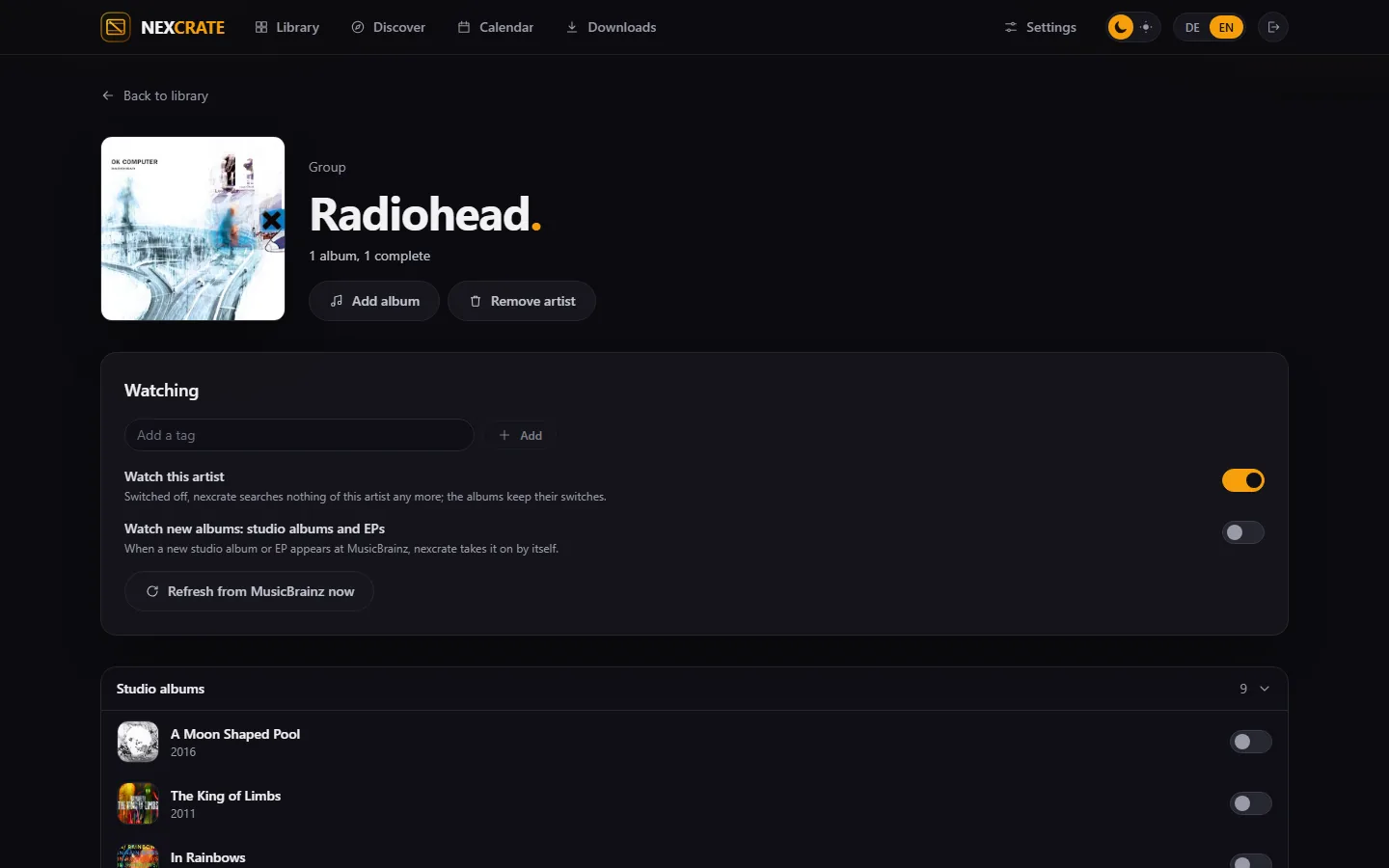 artist page with the albums grouped by kind and the state of each album