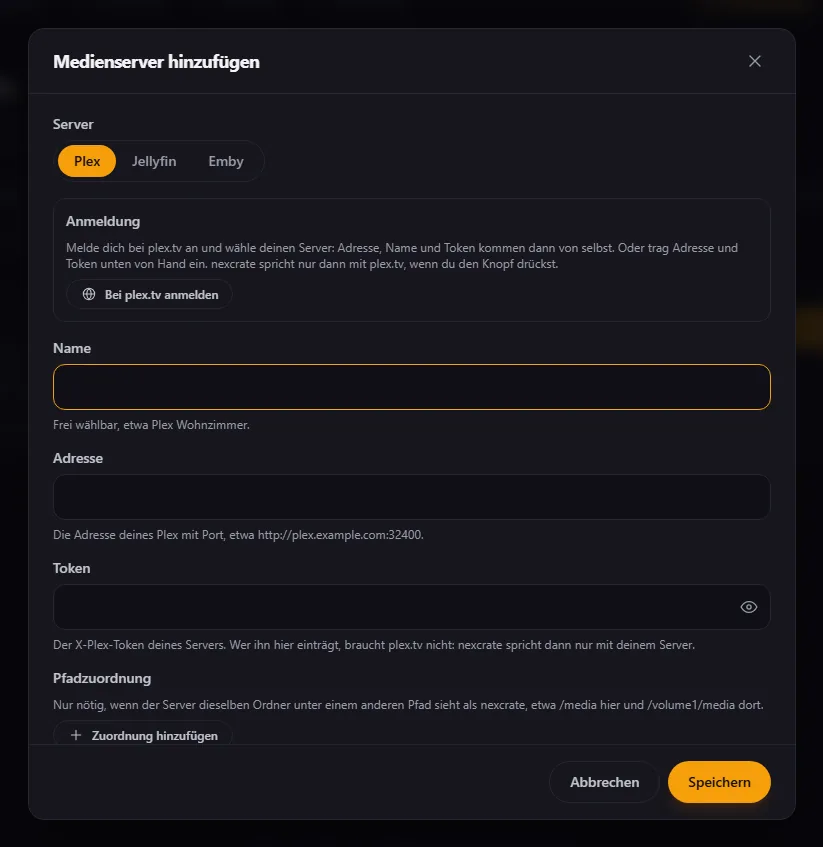Ein verbundener Plex-Server mit seinen Bibliotheken, dem Stand der letzten Meldung und der Pfadzuordnung