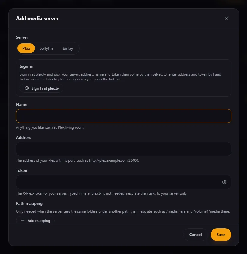 A connected Plex server with its libraries, the state of the last notification and the path mapping