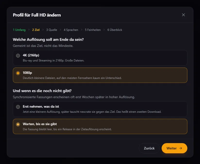 Der Assistent mit der Frage, welche Auflösung am Ende da sein soll