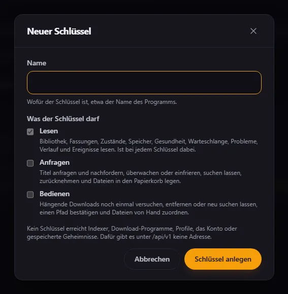 Einstellungen › System › API-Schlüssel mit einem Schlüssel für Bazarr, der nur „Lesen“ darf