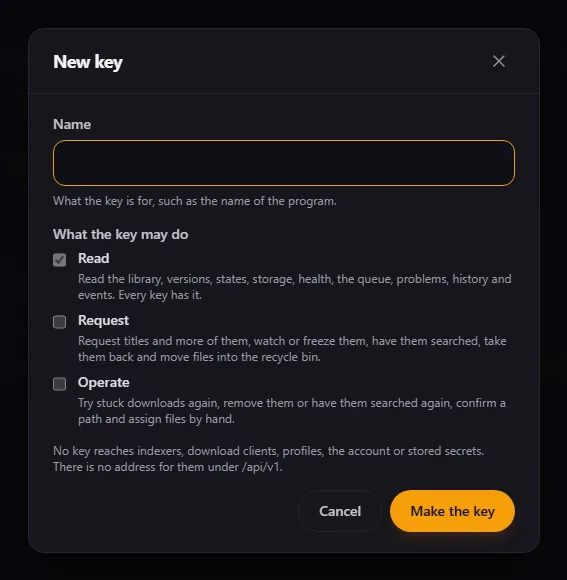 Settings › System › API keys with a key for Bazarr that may only “Read”