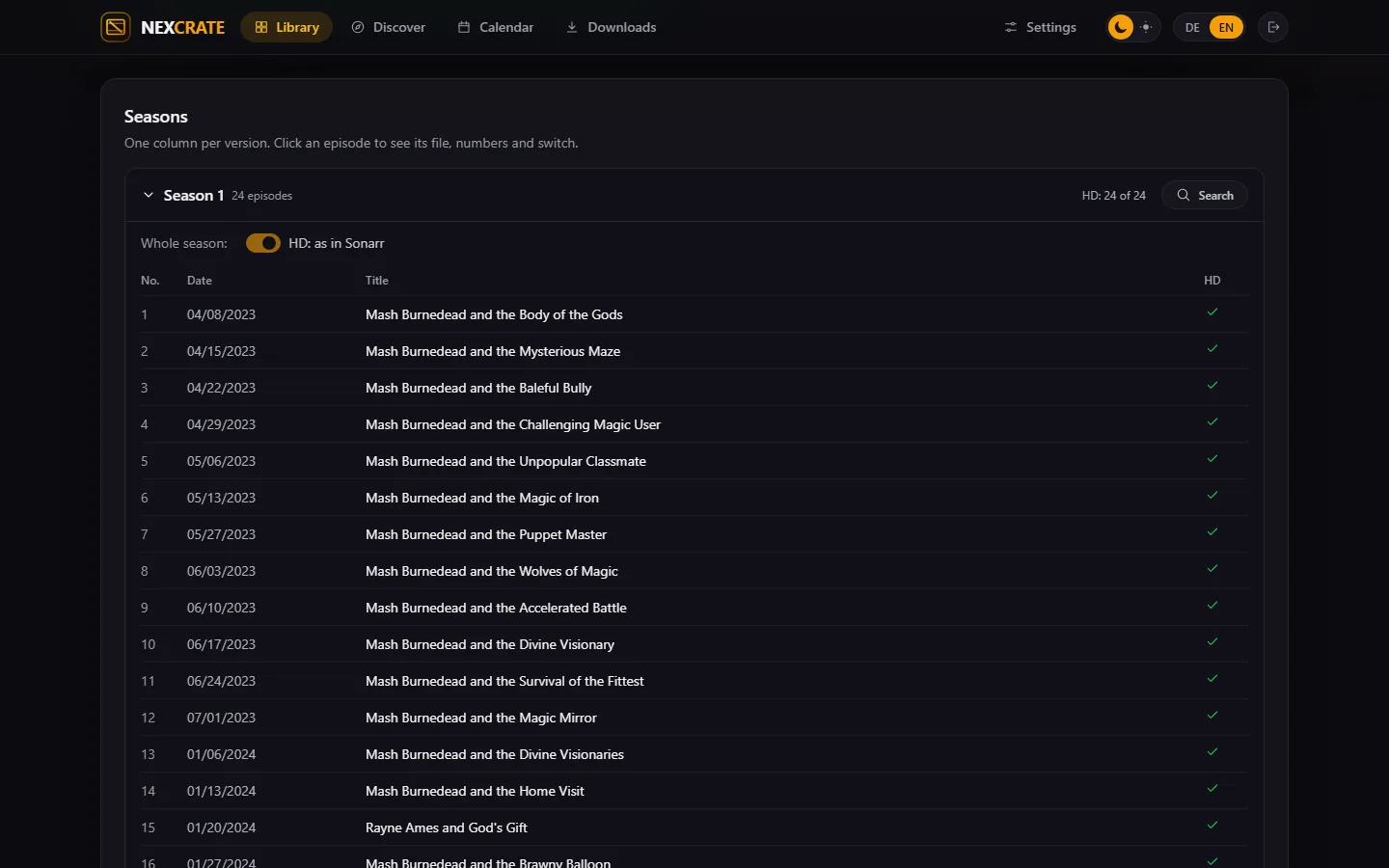 page of a series with the seasons, one column per version and the state of every episode