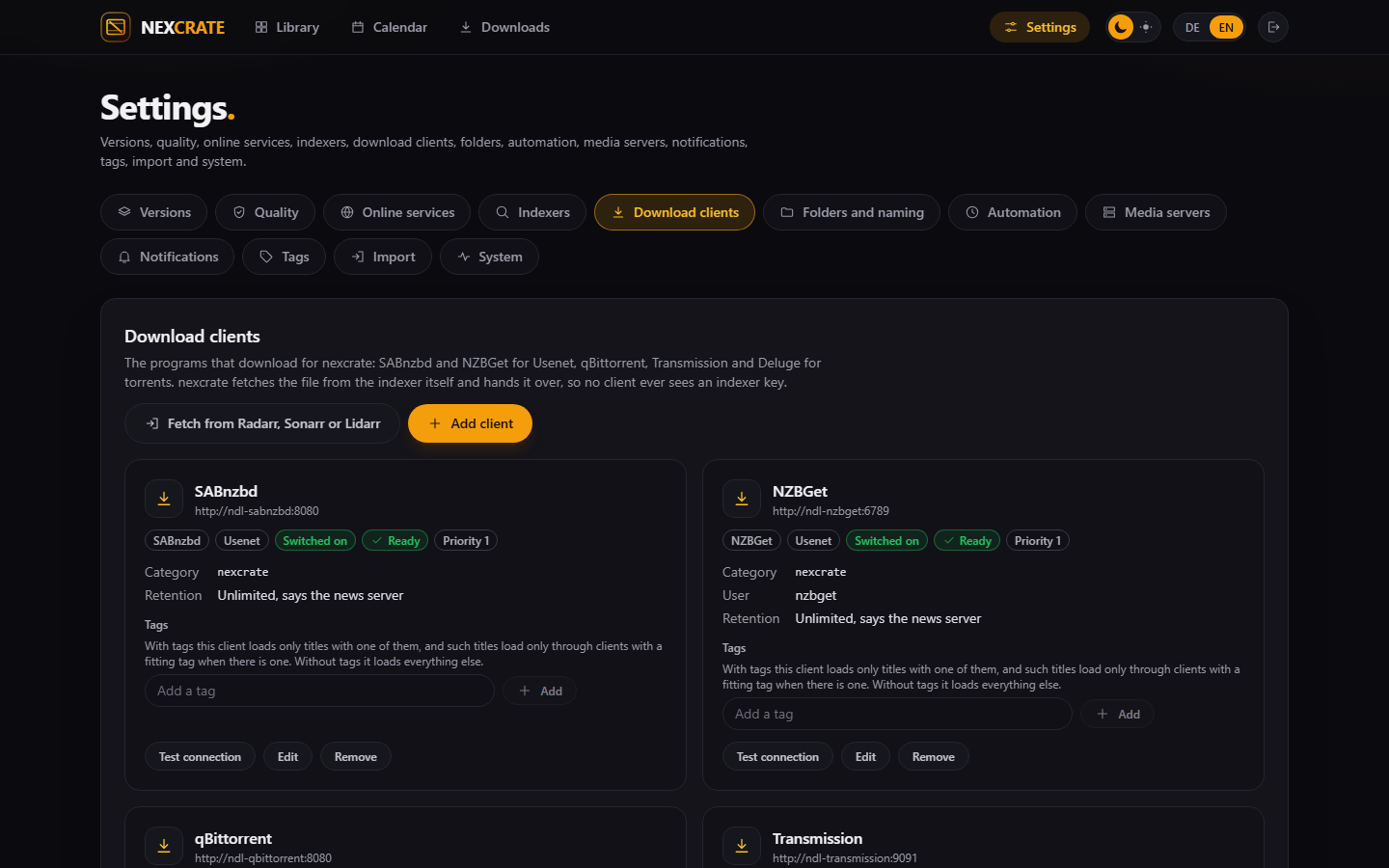 Die Download-Programme, bei SABnzbd und NZBGet mit der Aufbewahrung, die nexcrate von den Newsservern gelesen hat