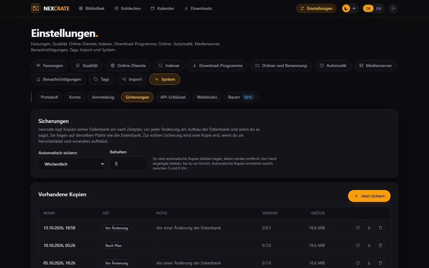 Einstellungen › System › Sicherungen mit Zeitplan, „Behalten“ und der Liste der Kopien